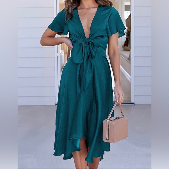 Peacock Blue Midi Satin Dress With Classic High Waist A-Line. - Picture 1 of 10